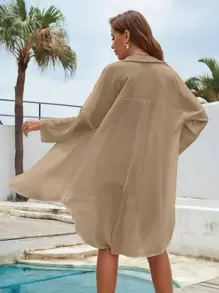 EMERY ROSE 落肩袖口袋貼布前紐扣襯衫 - 卡其色 - 查看 2