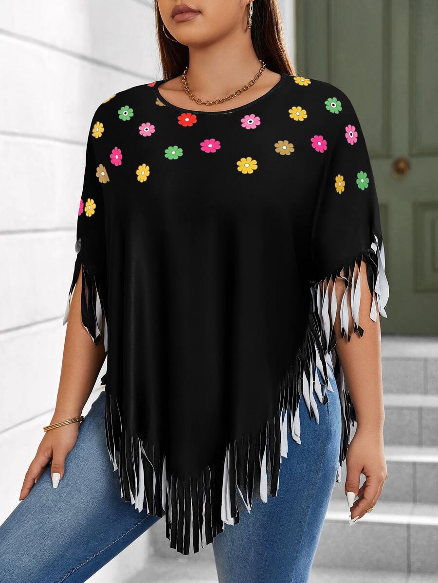 SHEIN LUNE Plus Floral Print Fringe Trim Batwing Sleeve Tee - Black - View 1