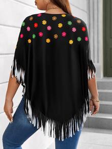 SHEIN LUNE Plus Floral Print Fringe Trim Batwing Sleeve Tee - Black - View 2
