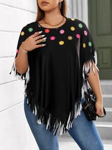 SHEIN LUNE Plus Floral Print Fringe Trim Batwing Sleeve Tee - Black - View 3