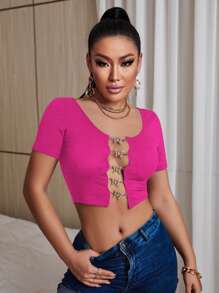 SHEIN Unity 蝴蝶細節前鏤空短款T恤 - 玫紅色 - 查看 4