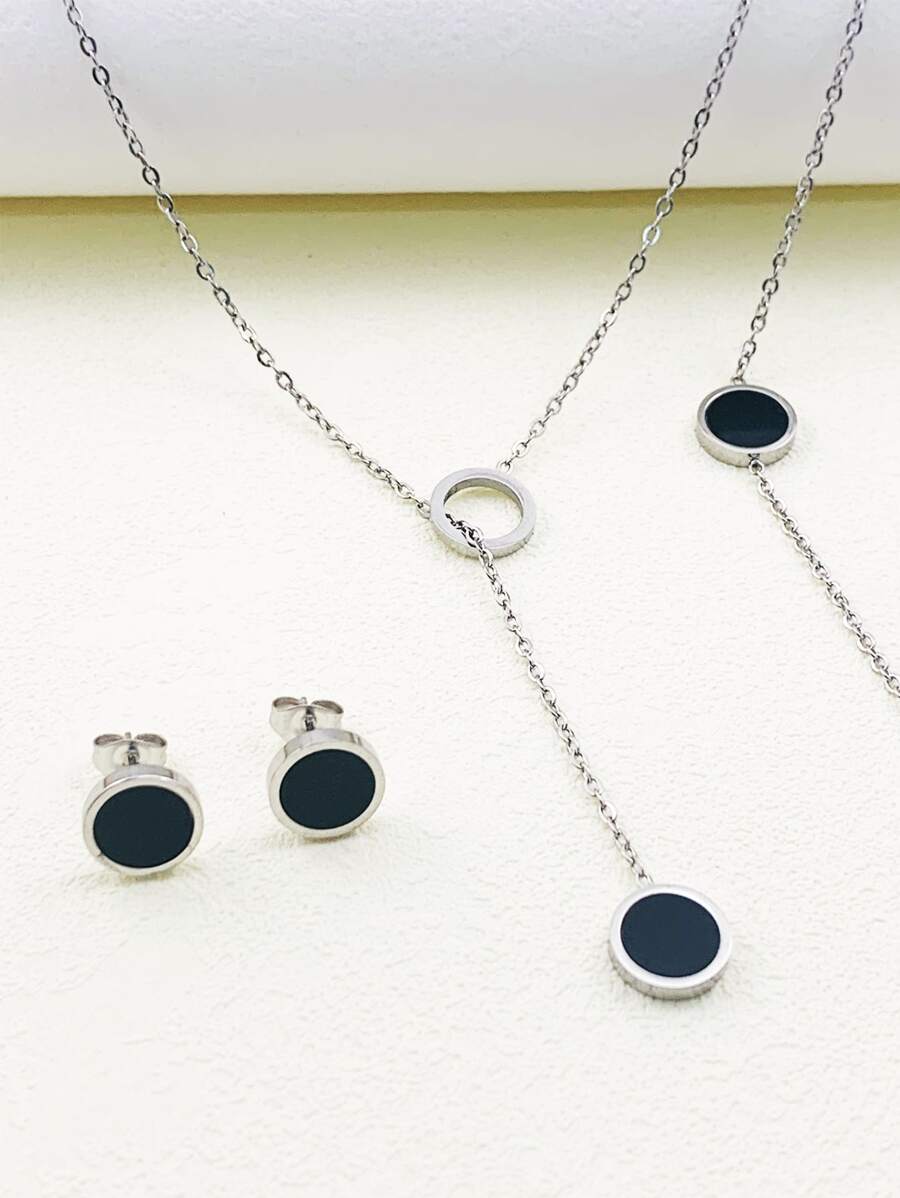 4pcs/set Round Decor Jewelry Set - Silver - View 1