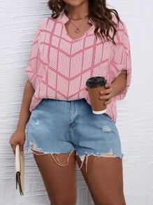 SHEIN LUNE Áo sơ mi Plus Size Nút In chữ V Boho - Hồng - Xem 1