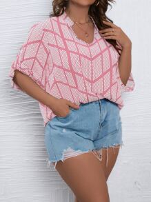 SHEIN LUNE Áo sơ mi Plus Size Nút In chữ V Boho - Hồng - Xem 5