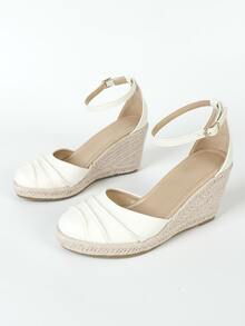 女式踝帶鞋度假米色坡跟鞋