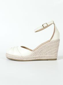 女式踝帶鞋度假米色坡跟鞋