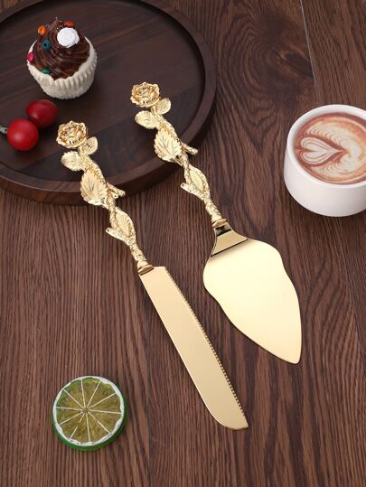 2pcs Gold Flower Detail Cake Shovel & Knife, Minimalist Zinc Alloy Cake Spatula Set For Baking, Kitchen