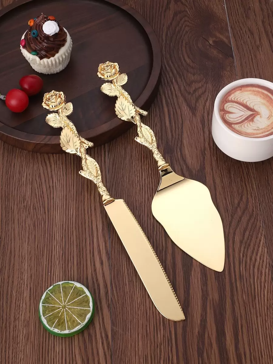 2pcs Gold Flower Detail Cake Shovel & Knife, Minimalist Zinc Alloy Cake Spatula Set For Baking, Kitchen