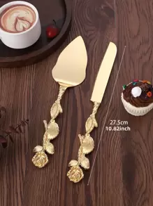 2pcs Gold Flower Detail Cake Shovel & Knife, Minimalist Zinc Alloy Cake Spatula Set For Baking, Kitchen