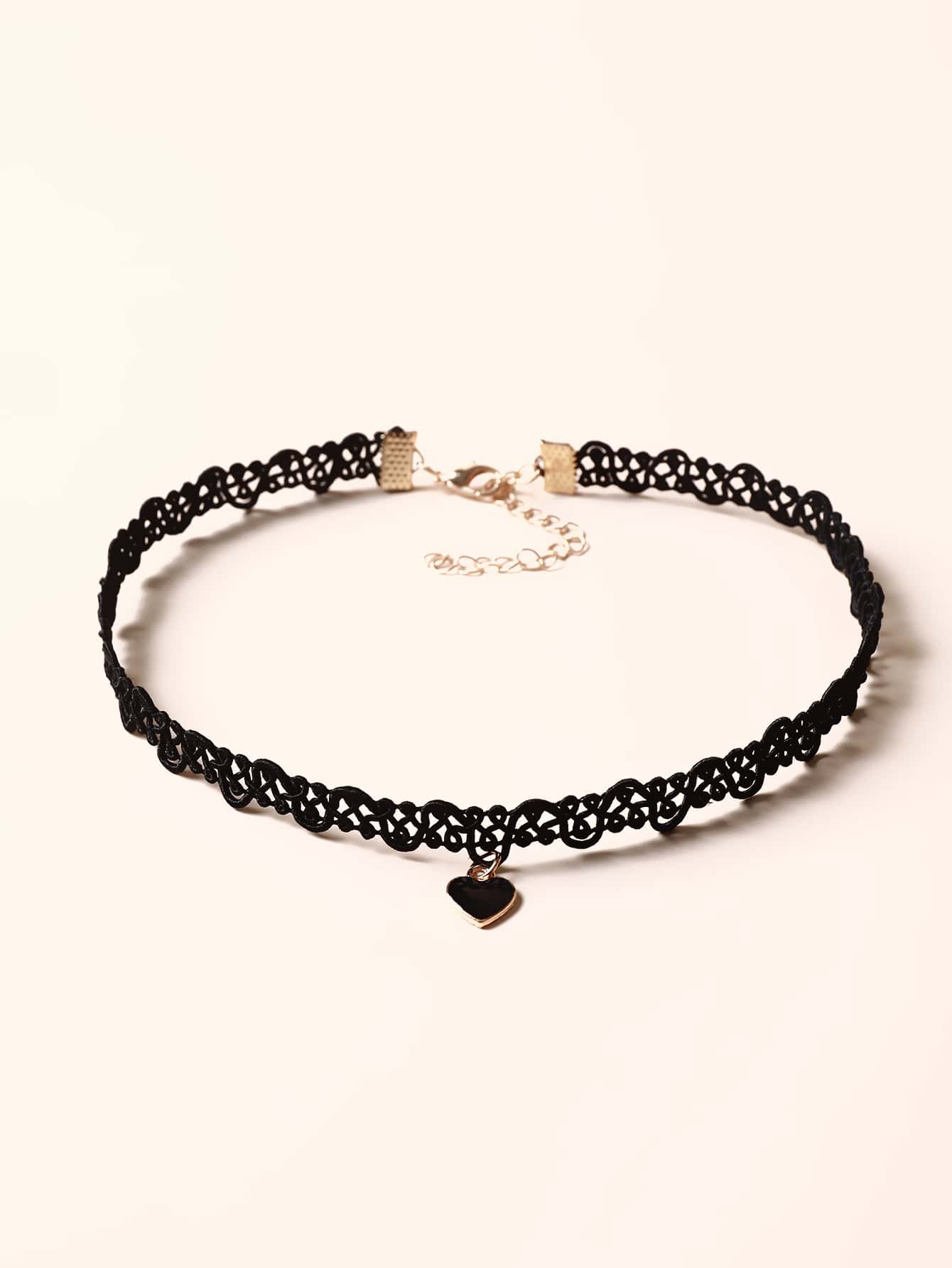 Heart Charm Choker Goth Punk Jewelry - Black - View 1