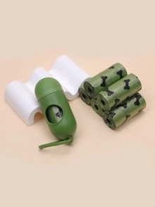 1pc Solid Color Pet Poopbag Dispenser & 6rolls Bone Print Poopbag - Green - View 1