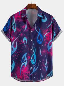 ROMWE MEN Street Life Guys Tie Dye Fire Print Button Up Shirt - Multicolor - View 1