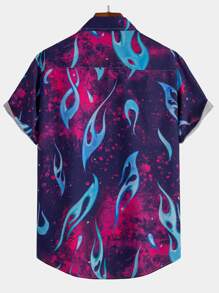 ROMWE MEN Street Life Guys Tie Dye Fire Print Button Up Shirt - Multicolor - View 2