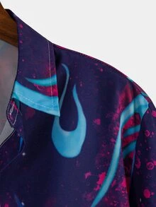 ROMWE MEN Street Life Guys Tie Dye Fire Print Button Up Shirt - Multicolor - View 3