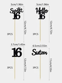 Decoraciones para pasteles de cumpleaños Número 16 con el mensaje "Hello" 4 diseños de 3 piezas cada , para un total de 12 piezas por paquete - Negro - Ver 2