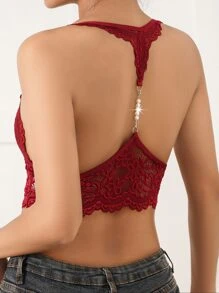 花卉蕾絲貝殼邊無鋼圈內衣 - 酒紅色 - 查看 2