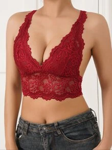 花卉蕾絲貝殼邊無鋼圈內衣 - 酒紅色 - 查看 3