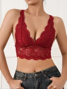 花卉蕾絲貝殼邊無鋼圈內衣 - 酒紅色 - 查看 4