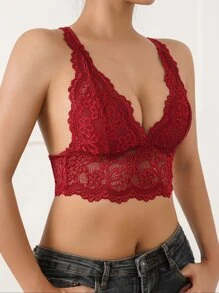 花卉蕾絲貝殼邊無鋼圈內衣 - 酒紅色 - 查看 5