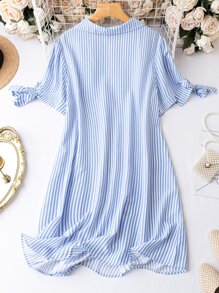 SHEIN LUNE Plus Striped Print Knot Cuff Shirt Dress - Blue and White - View 2
