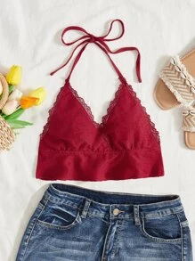 SHEIN WYWH Áo khoác và áo lót dành cho xe tăng nữ Tương phản ren Viên lá sen Buộc lại màu trơn Gợi cảm - Màu Đỏ Sâu - Xem 1