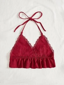 SHEIN WYWH Áo khoác và áo lót dành cho xe tăng nữ Tương phản ren Viên lá sen Buộc lại màu trơn Gợi cảm - Màu Đỏ Sâu - Xem 2