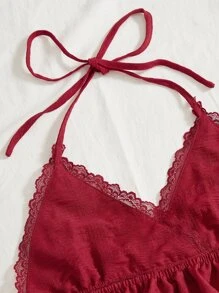 SHEIN WYWH Áo khoác và áo lót dành cho xe tăng nữ Tương phản ren Viên lá sen Buộc lại màu trơn Gợi cảm - Màu Đỏ Sâu - Xem 4
