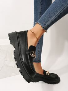 女式時尚黑色樂福鞋金屬和鏈條裝飾平底鞋 - 黑色 - 查看 4