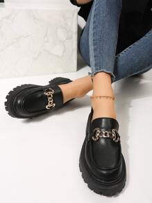 女式時尚黑色樂福鞋金屬和鏈條裝飾平底鞋 - 黑色 - 查看 5