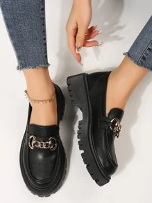 女式時尚黑色樂福鞋金屬和鏈條裝飾平底鞋 - 黑色 - 查看 6