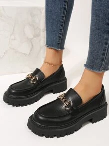 女式時尚黑色樂福鞋金屬和鏈條裝飾平底鞋 - 黑色 - 查看 7
