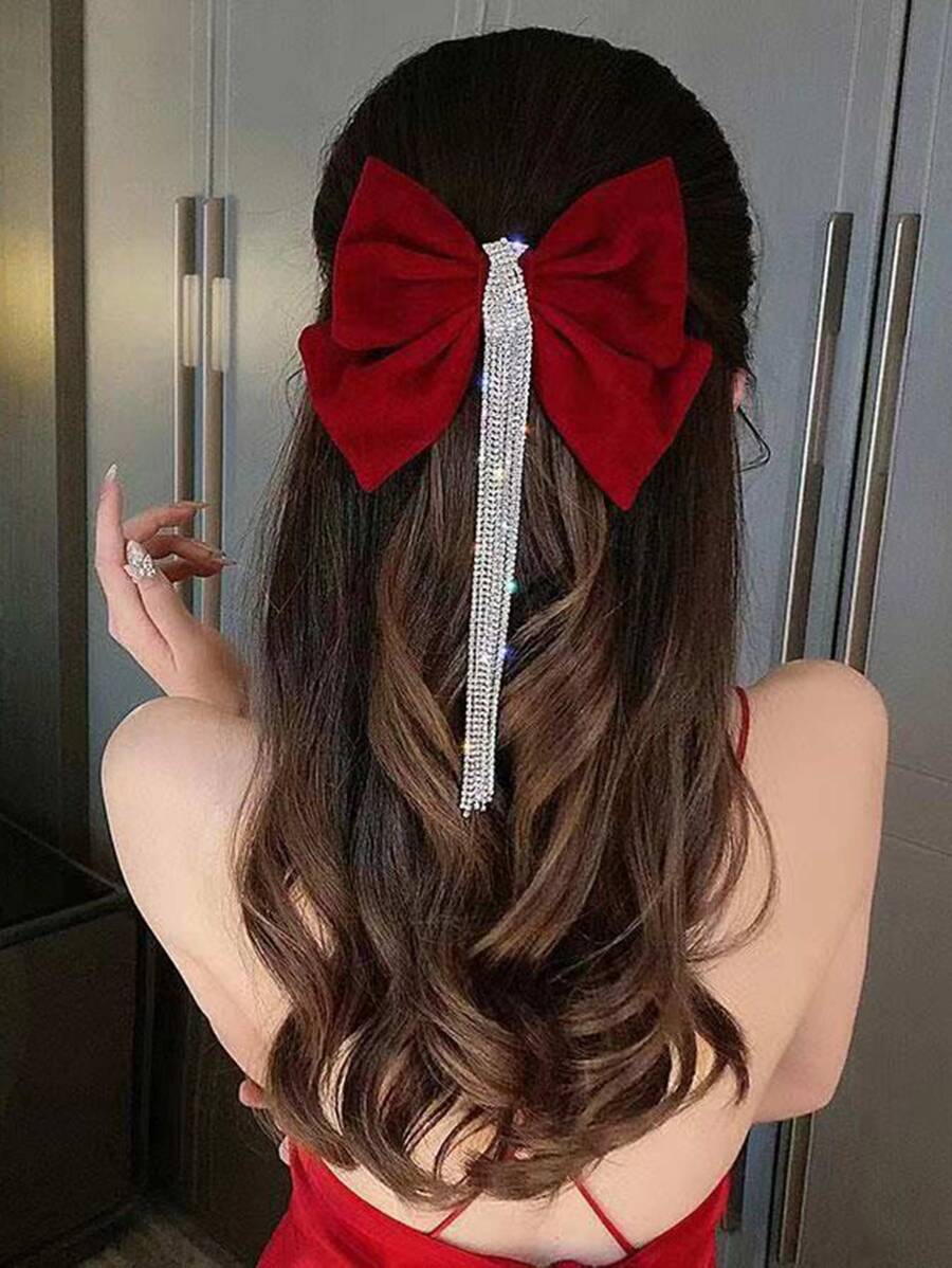 1 件女士植绒红色发夹，带流苏和水钻蝴蝶结，适合甜美日常校园装扮、节日场合，可用作新娘发饰皇家情人节情人节，发夹发夹爪夹发夹 - 紅色 - 查看 1