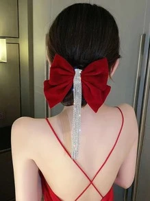 1 件女士植绒红色发夹，带流苏和水钻蝴蝶结，适合甜美日常校园装扮、节日场合，可用作新娘发饰皇家情人节情人节，发夹发夹爪夹发夹 - 紅色 - 查看 3