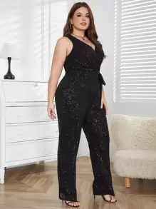 D&M 大碼交疊領腰帶亮片連身褲 - 黑色 - 查看 1