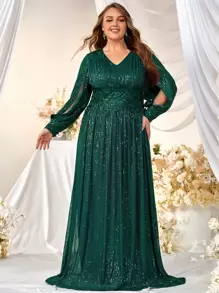YISIKADO Plus Contrast Floral Embroidery Mesh Panel Sequin Formal Dress - Dark Green - View 1