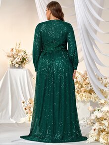 YISIKADO Plus Contrast Floral Embroidery Mesh Panel Sequin Formal Dress - Dark Green - View 2