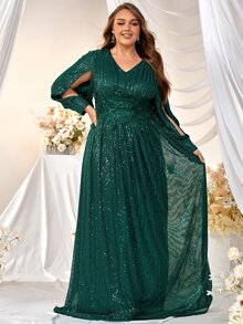 YISIKADO Plus Contrast Floral Embroidery Mesh Panel Sequin Formal Dress - Dark Green - View 3