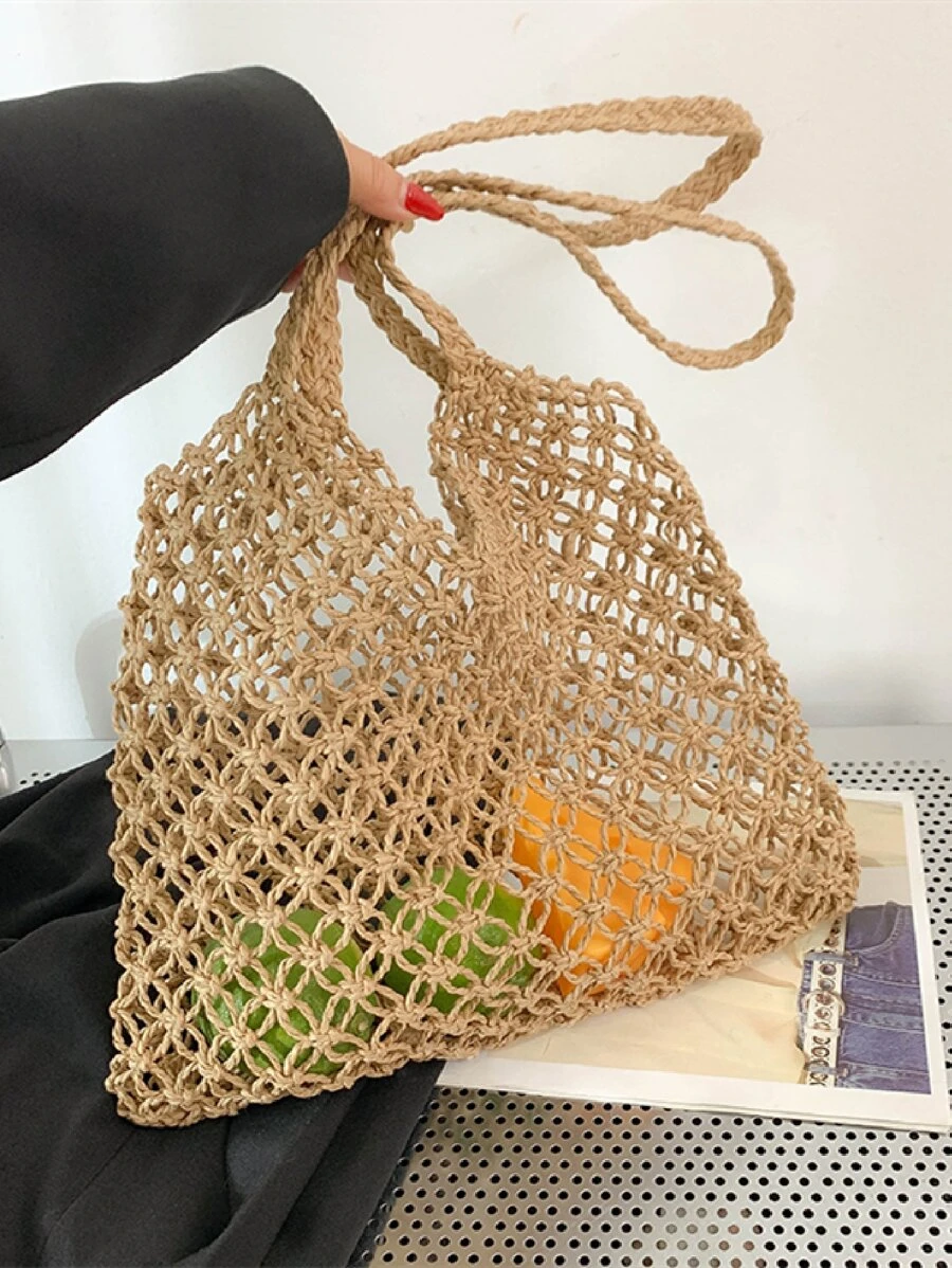 鏤空圖案草編包適用於海灘度假旅行 - 卡其色 - 查看 1