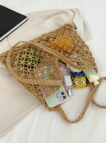 鏤空圖案草編包適用於海灘度假旅行 - 卡其色 - 查看 2