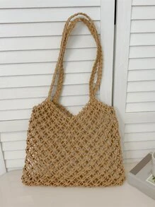 鏤空圖案草編包適用於海灘度假旅行 - 卡其色 - 查看 5