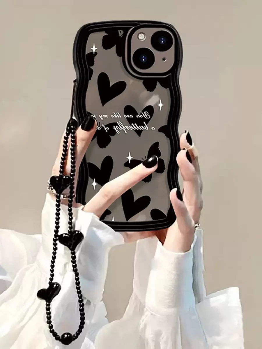 Cordón para celular con diseños de corazón, mariposa y ondas + pulsera compatible con Apple iPhone 15/15Pro - Negro - Ver 1