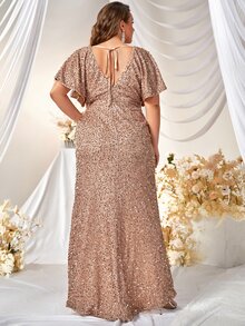 YISIKADO Plus Split Thigh Short Sleeve Sequin Glamorous Prom Dress Cocktail Party Wedding Women Long Dress - Apricot - View 2