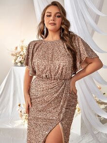 YISIKADO Plus Split Thigh Short Sleeve Sequin Glamorous Prom Dress Cocktail Party Wedding Women Long Dress - Apricot - View 1