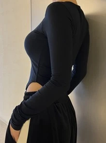 DAZY Chất rắn Curved Hem Áo phông vừa vặn - màu đen - Xem 2