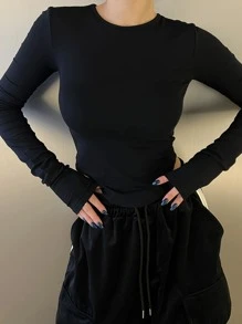 DAZY Chất rắn Curved Hem Áo phông vừa vặn - màu đen - Xem 3