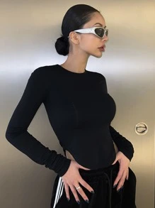 DAZY Chất rắn Curved Hem Áo phông vừa vặn - màu đen - Xem 4