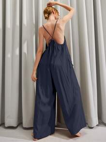 Áo liền quần nữ Lộ Lưng Túi màu trơn Gợi cảm - Màu xanh hải quân - Xem 1