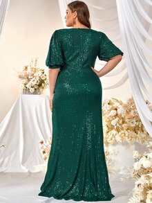 YISIKADO Plus Plunging Neck Puff Sleeve Split Thigh Sequin Formal Dress - Dark Green - View 2