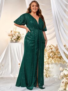 YISIKADO Plus Plunging Neck Puff Sleeve Split Thigh Sequin Formal Dress - Dark Green - View 3