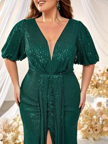 YISIKADO Plus Plunging Neck Puff Sleeve Split Thigh Sequin Formal Dress - Dark Green - View 5